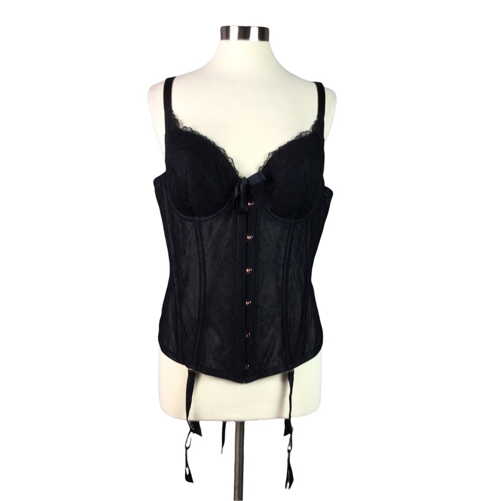Savage X Fenty 1X Black Bustier with Garters Lace Up Back Corsette